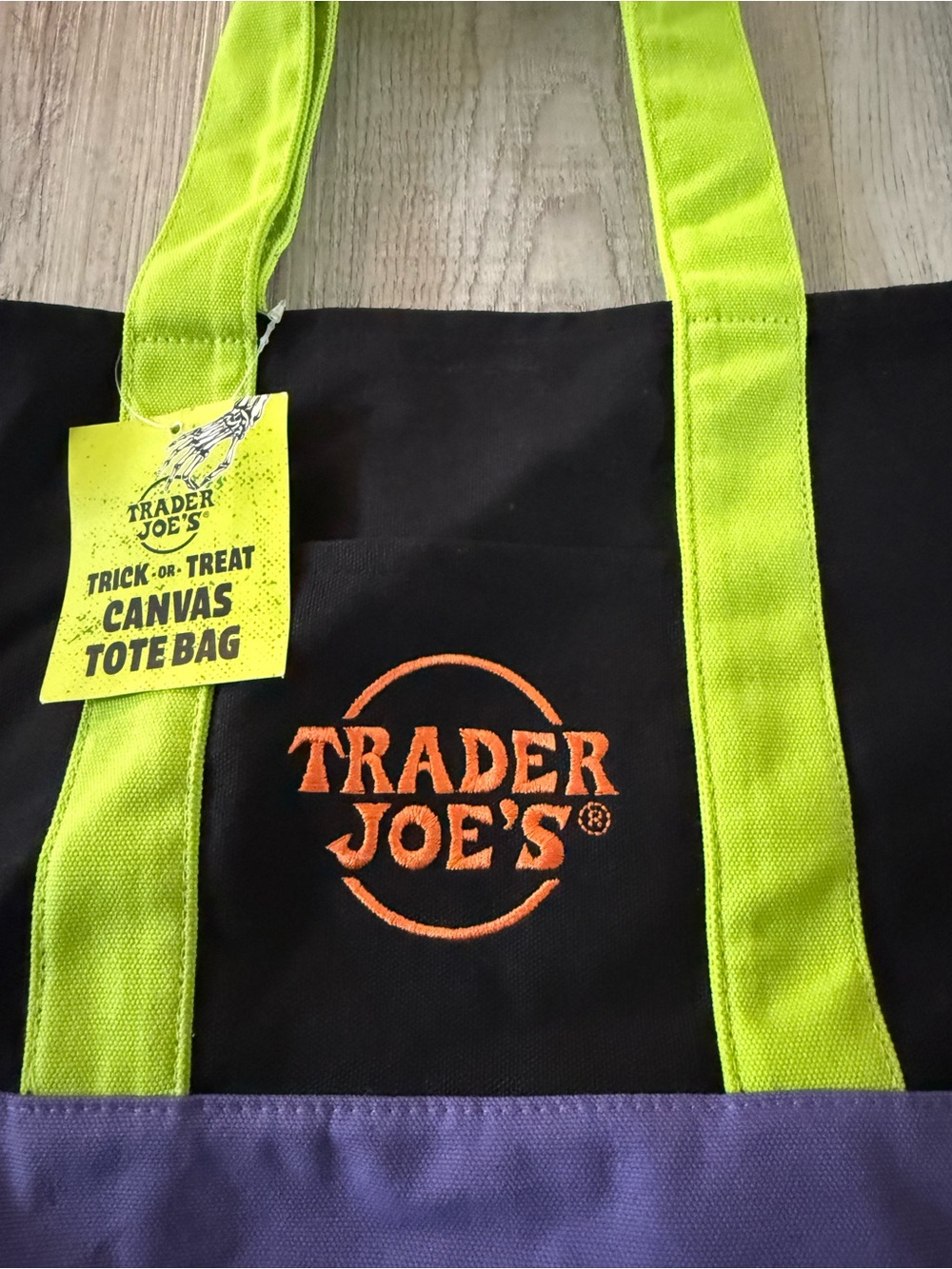 Brand New w Tags Trader Joe's Black Canvas Tote with Lime Handles and Purple - Picture 4 of 5